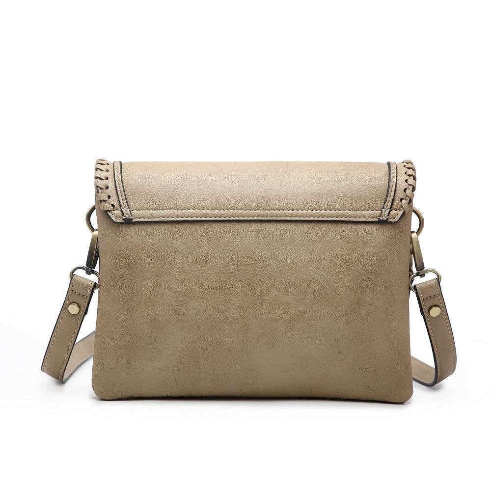 Flapover Crossbody w/ Whipstitch & Double Tassel: Pewter