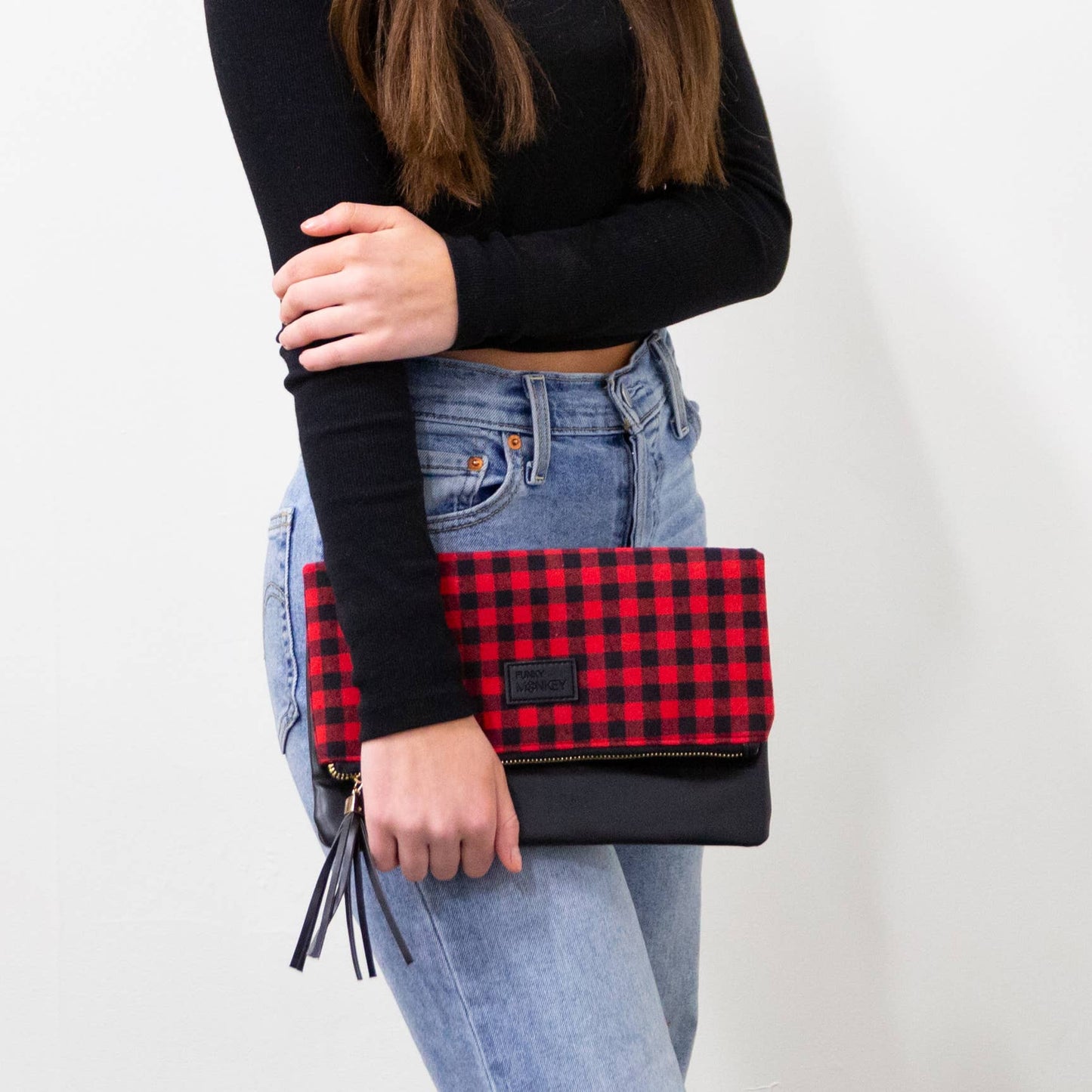 Foldover Wristlet Clutch Collection: Black & White Buffalo Check (Black Faux Leather)