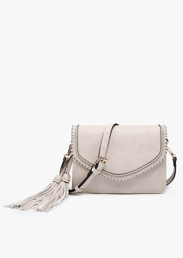 Flapover Crossbody w/ Whipstitch & Double Tassel: Cow White